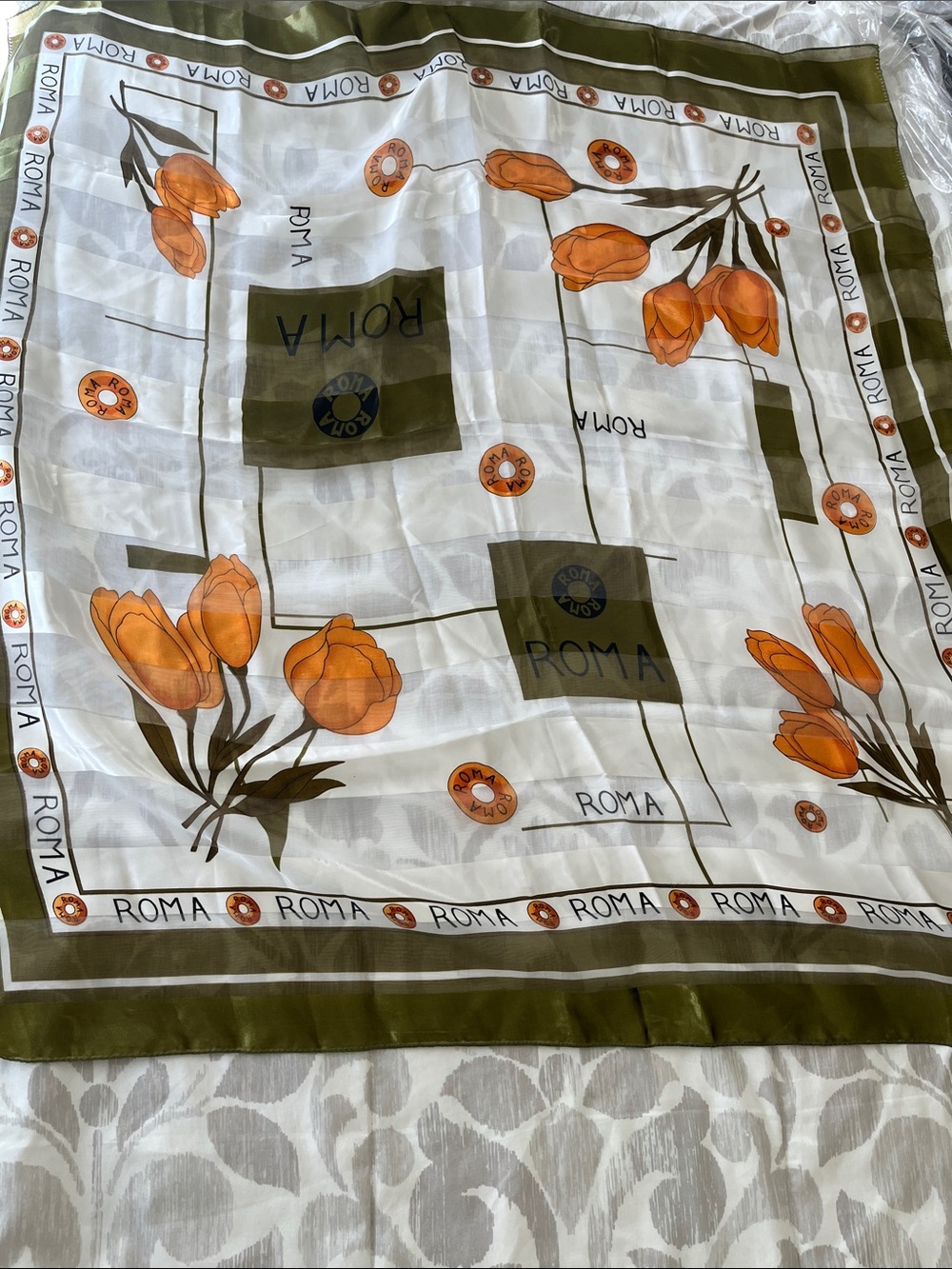 ROMA Olive Green and Orange Floral Throw scarf shawl